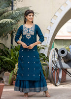 Kaajh Women's Blue Modal Silk Embroidered Kurta Sharara Set With Dupatta - Distacart