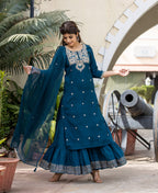 Kaajh Women's Blue Modal Silk Embroidered Kurta Sharara Set With Dupatta - Distacart