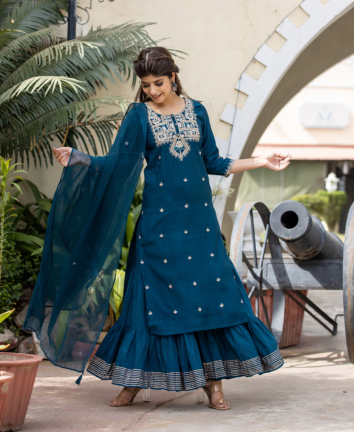Kaajh Women's Blue Modal Silk Embroidered Kurta Sharara Set With Dupatta - Distacart