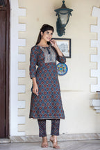 Kaajh Women's Blue Ajrak Print Cotton Kurta Pant Set - Distacart