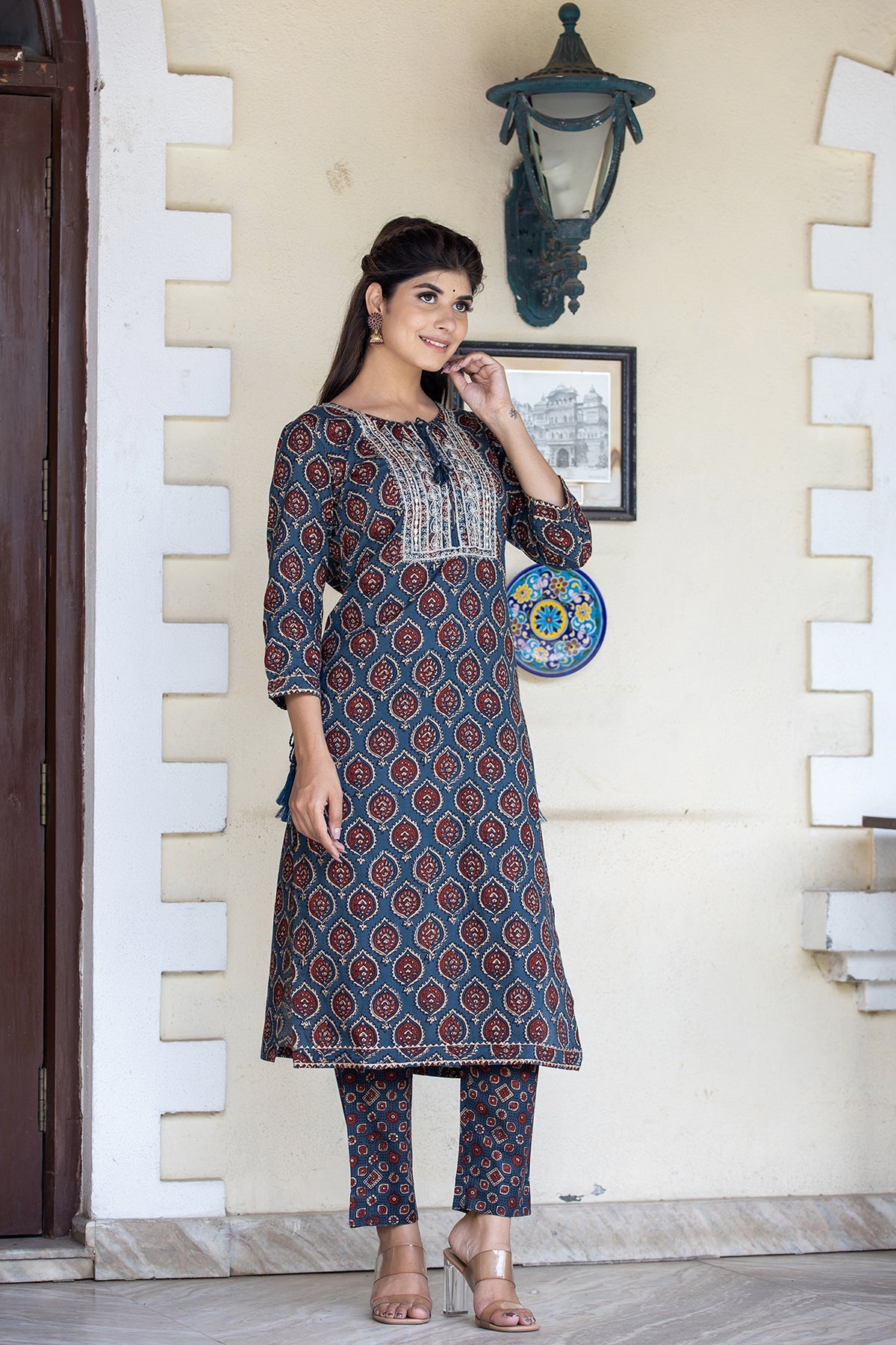 Kaajh Women's Blue Ajrak Print Cotton Kurta Pant Set - Distacart