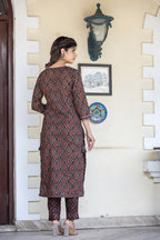 Kaajh Women's Brown Ajrak Print Cotton Kurta Pant Set - Distacart