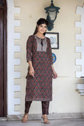 Kaajh Women's Brown Ajrak Print Cotton Kurta Pant Set - Distacart