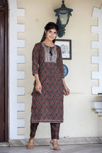 Kaajh Women's Brown Ajrak Print Cotton Kurta Pant Set - Distacart