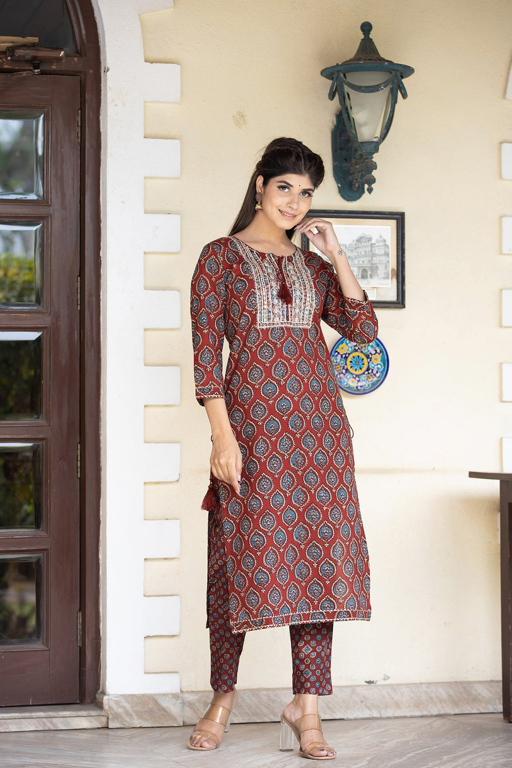 Kaajh Women's Red Ajrak Print Cotton Kurta Pant Set - Distacart