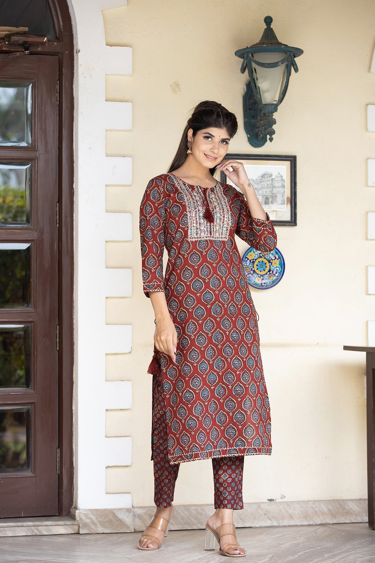 Kaajh Women's Red Ajrak Print Cotton Kurta Pant Set - Distacart