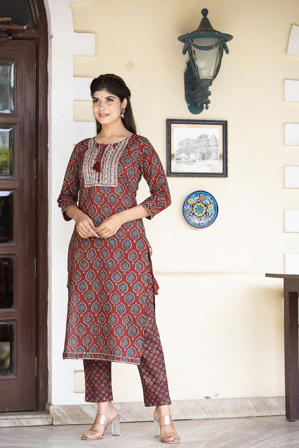 Kaajh Women's Red Ajrak Print Cotton Kurta Pant Set - Distacart