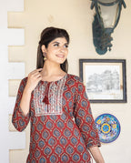 Kaajh Women's Red Ajrak Print Cotton Kurta Pant Set - Distacart