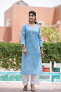 Kaajh Women's Sky Blue Floral Print Cotton Casual Kurta - Distacart