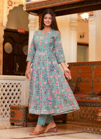 Kaajh Women's Turquoise Floral Print Flared Anarkali Kurta With Pant - Distacart