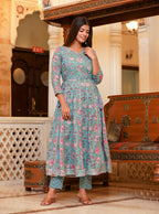 Kaajh Women's Turquoise Floral Print Flared Anarkali Kurta With Pant - Distacart