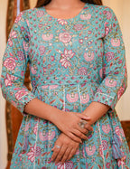 Kaajh Women's Turquoise Floral Print Flared Anarkali Kurta With Pant - Distacart