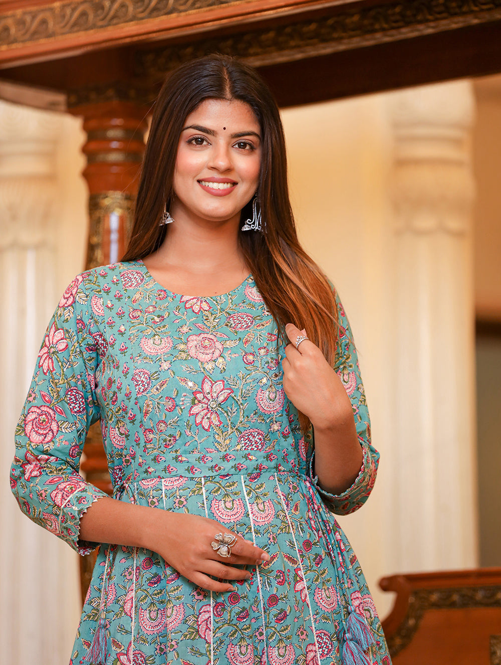Kaajh Women's Turquoise Floral Print Flared Anarkali Kurta With Pant - Distacart