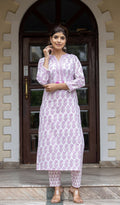 Kaajh Women's White Purple Ethnic Printed Cotton Kurta Pant Set - Distacart