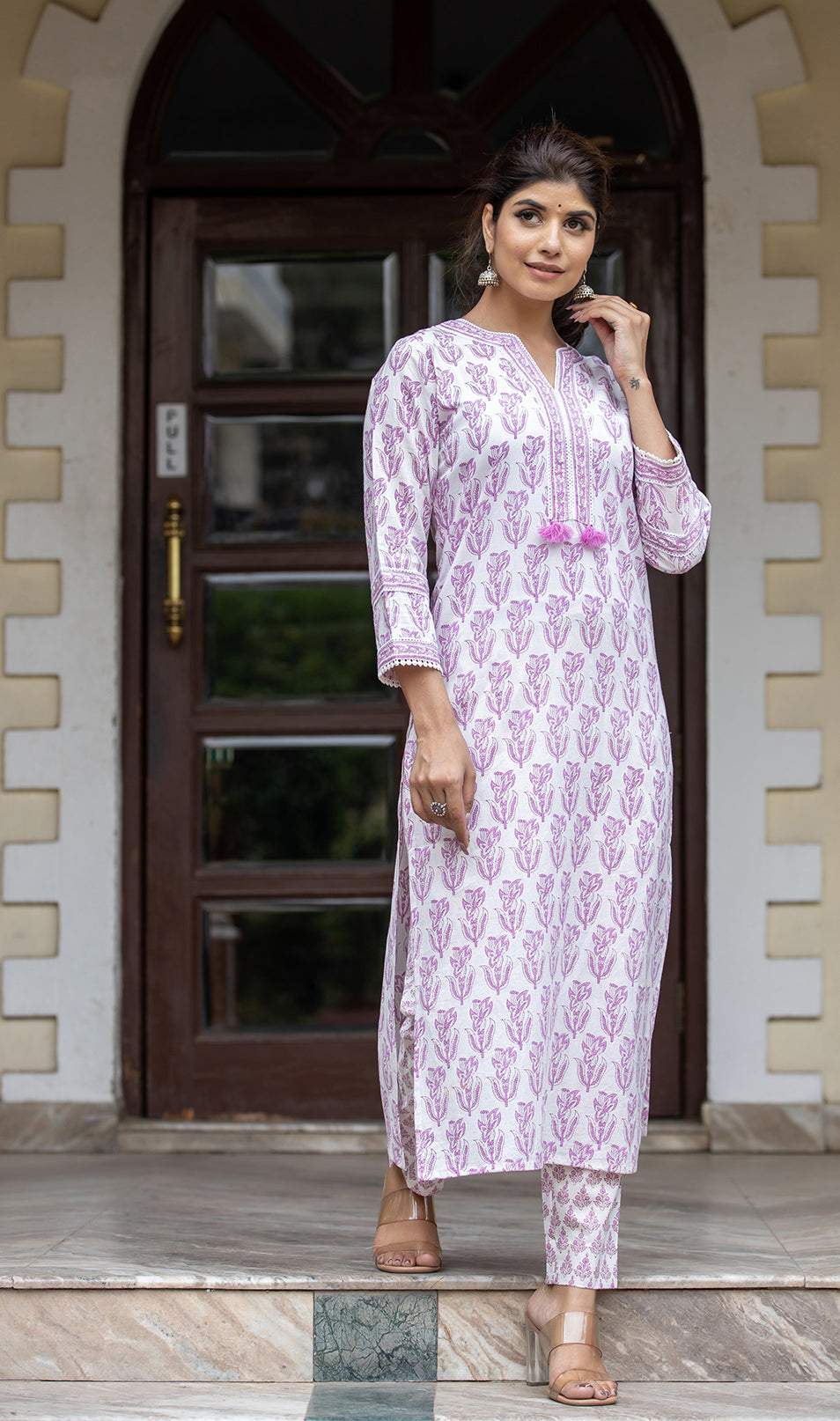 Kaajh Women's White Purple Ethnic Printed Cotton Kurta Pant Set - Distacart