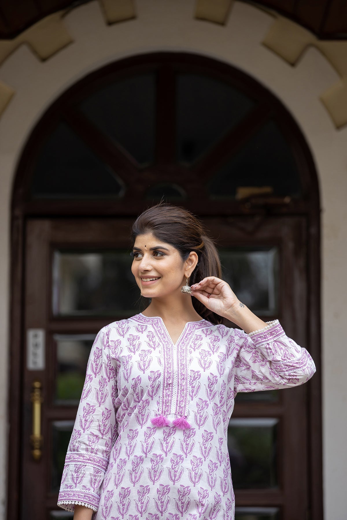 Kaajh Women's White Purple Ethnic Printed Cotton Kurta Pant Set - Distacart