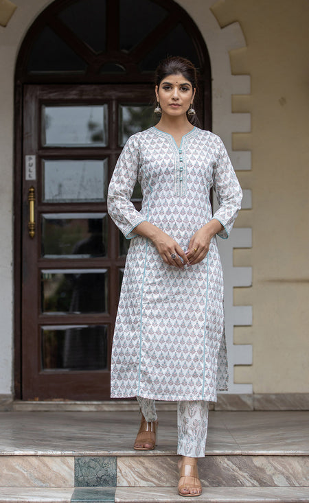 Kaajh Women's White Sea Green Printed Cotton Casual Kurta Pant Set