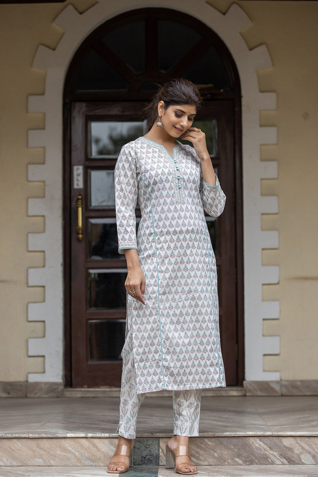 Kaajh Women's White Sea Green Printed Cotton Casual Kurta Pant Set - Distacart