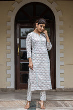 Kaajh Women's White Sea Green Printed Cotton Casual Kurta Pant Set - Distacart