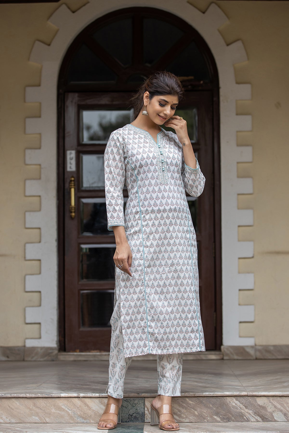 Kaajh Women's White Sea Green Printed Cotton Casual Kurta Pant Set - Distacart