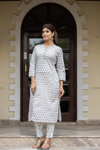 Kaajh Women's White Sea Green Printed Cotton Casual Kurta Pant Set - Distacart