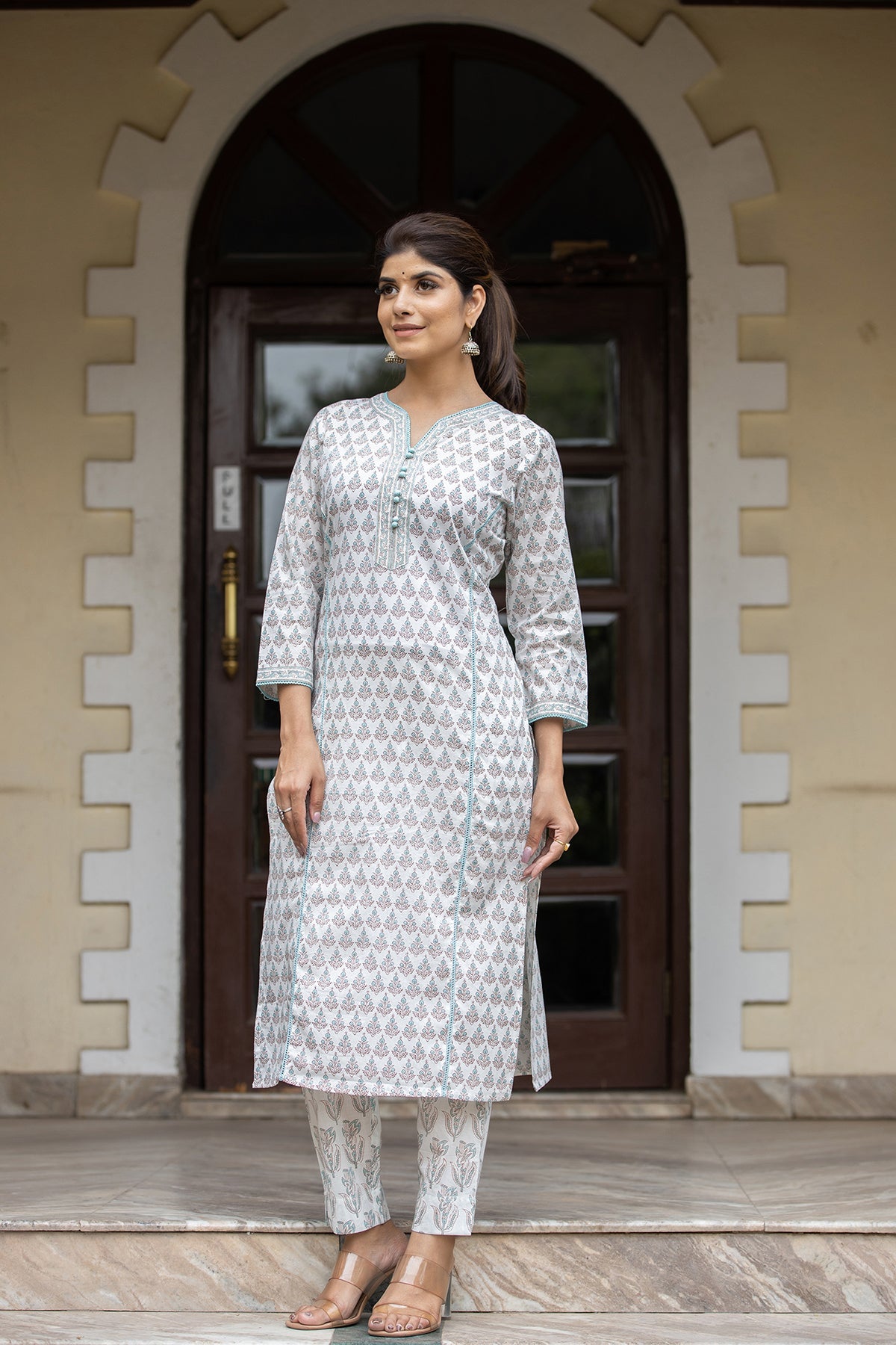 Kaajh Women's White Sea Green Printed Cotton Casual Kurta Pant Set - Distacart