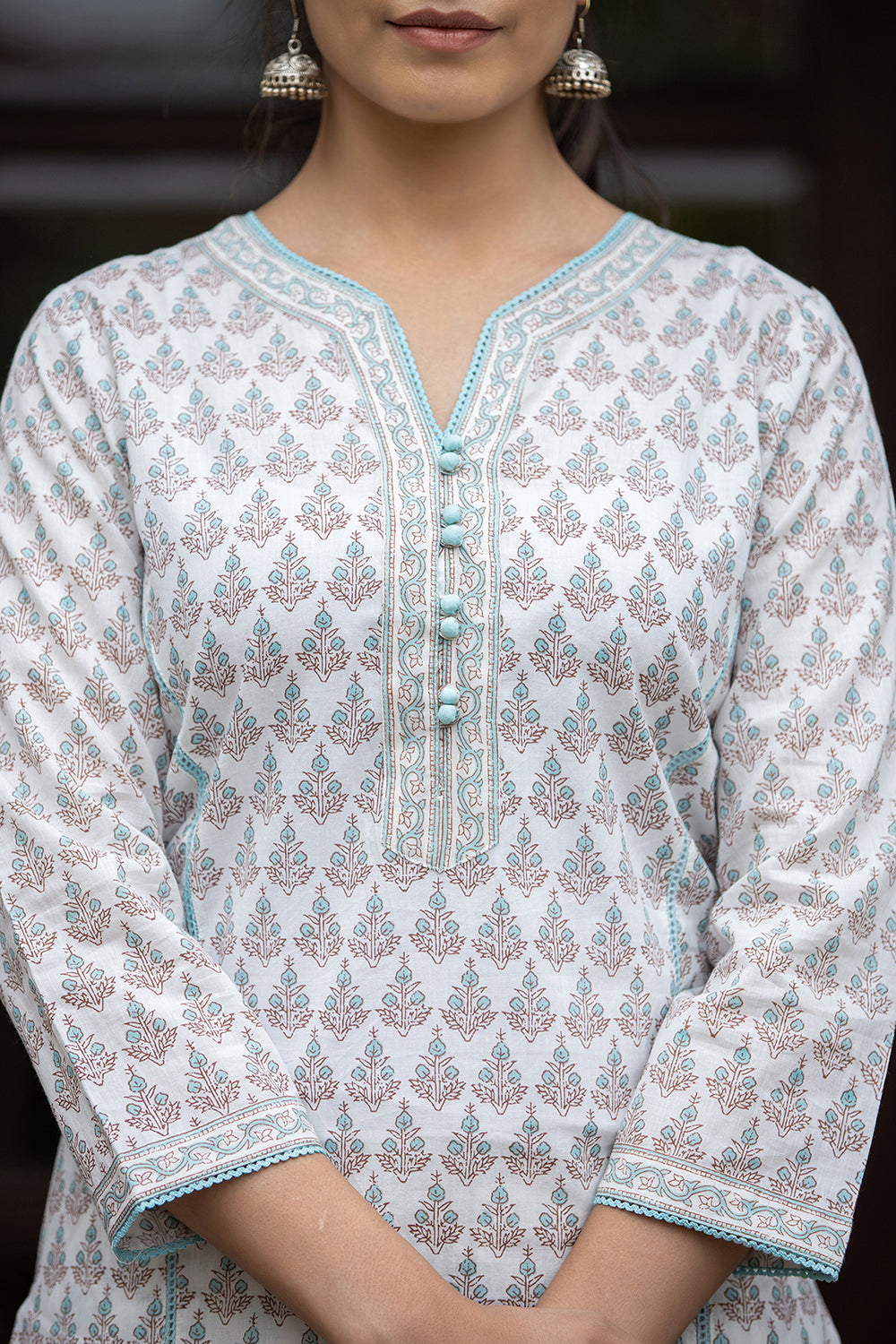 Kaajh Women's White Sea Green Printed Cotton Casual Kurta Pant Set - Distacart