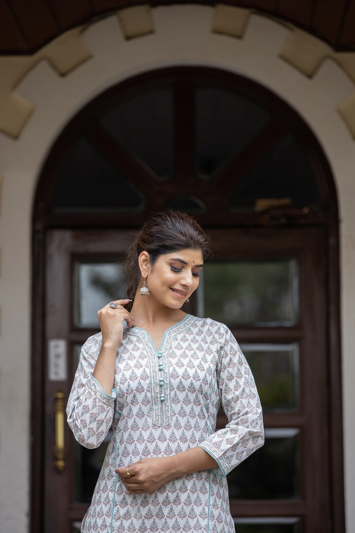 Kaajh Women's White Sea Green Printed Cotton Casual Kurta Pant Set - Distacart