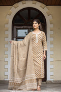 Kaajh Women's Coffee Brown Floral Printed Cotton Kurta Pant Dupatta Set - Distacart