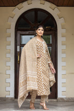 Kaajh Women's Coffee Brown Floral Printed Cotton Kurta Pant Dupatta Set - Distacart