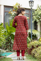 Kaajh Women's Maroon Floral Printed Cotton Kurta Pant Set - Distacart