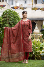 Kaajh Women's Maroon Printed Cotton Kurta Pant Dupatta Set - Distacart