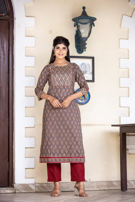 Kaajh Women's Brown Bagru Print Kurta Pant Set