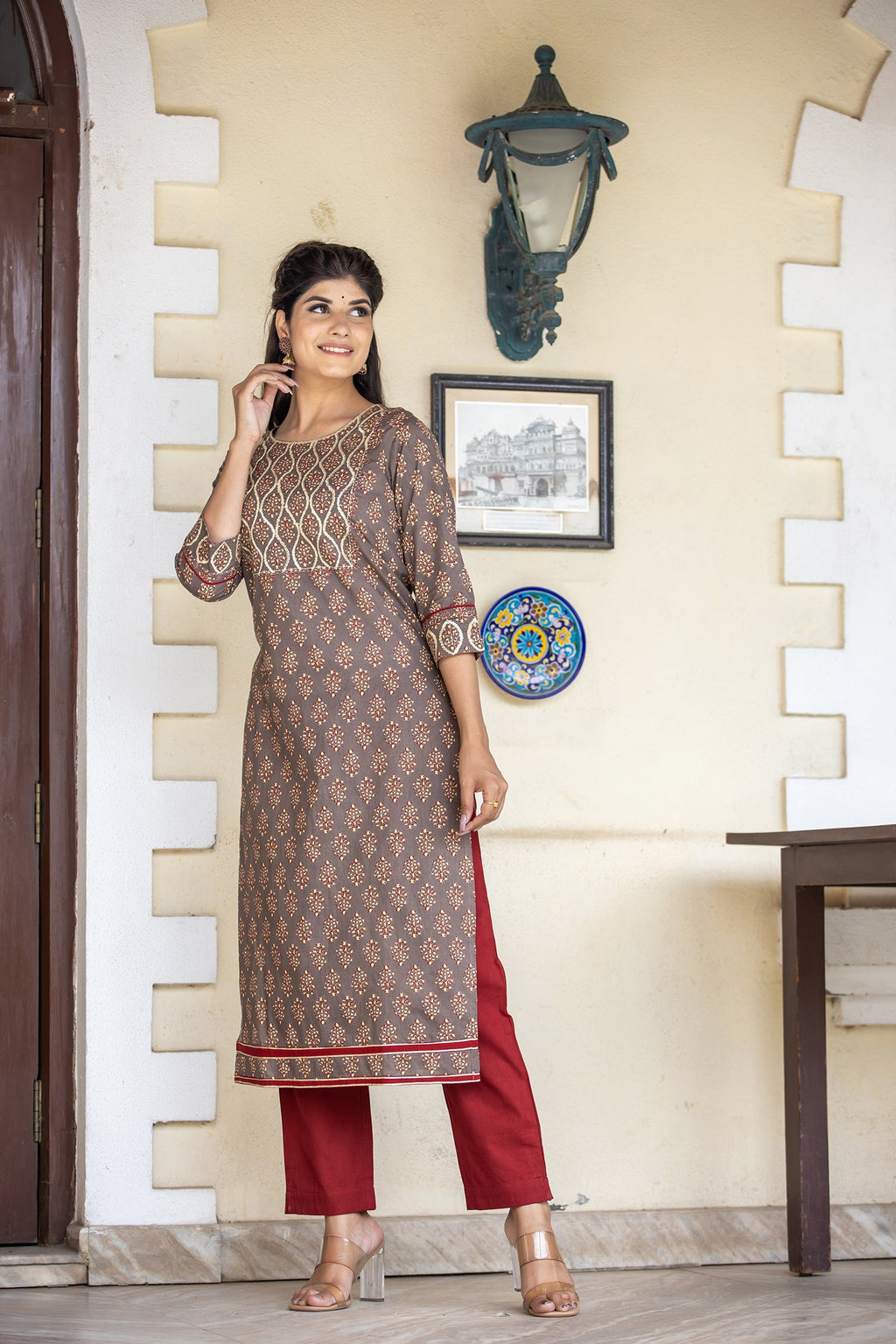 Kaajh Women's Brown Bagru Print Kurta Pant Set - Distacart