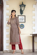 Kaajh Women's Brown Bagru Print Kurta Pant Set - Distacart