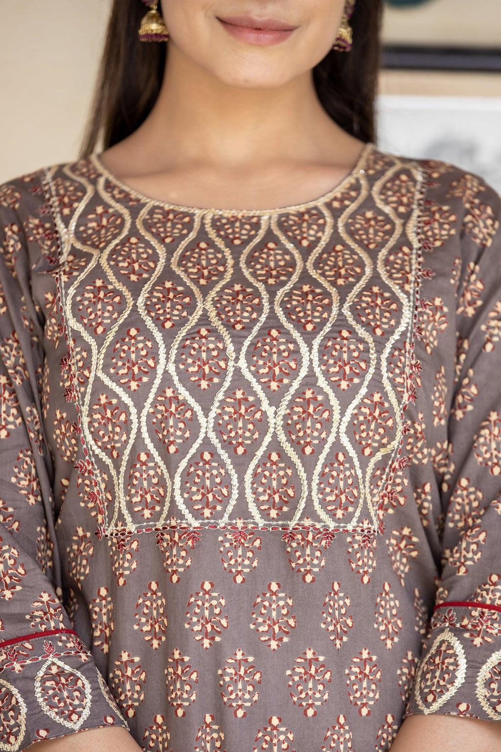Kaajh Women's Brown Bagru Print Kurta Pant Set - Distacart