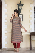 Kaajh Women's Brown Bagru Print Kurta Pant Set - Distacart