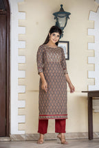 Kaajh Women's Brown Bagru Print Kurta Pant Set - Distacart