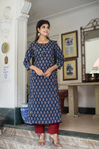 Kaajh Women's Blue Bagru Print Kurta Pant Set - Distacart