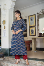 Kaajh Women's Blue Bagru Print Kurta Pant Set - Distacart