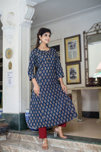 Kaajh Women's Blue Bagru Print Kurta Pant Set - Distacart