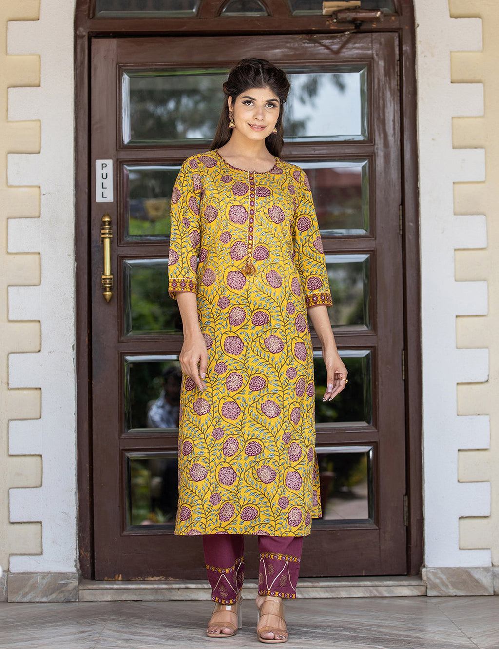 Kaajh Women's Yellow Purple Cotton Kurta Pant Set - Distacart