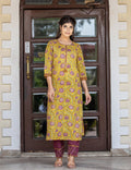 Kaajh Women's Yellow Purple Cotton Kurta Pant Set - Distacart