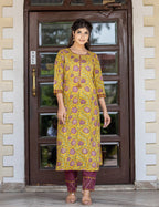 Kaajh Women's Yellow Purple Cotton Kurta Pant Set - Distacart