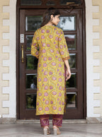 Kaajh Women's Yellow Purple Cotton Kurta Pant Set - Distacart