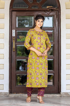 Kaajh Women's Yellow Purple Cotton Kurta Pant Set - Distacart