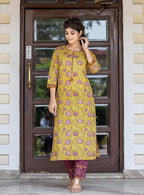 Kaajh Women's Yellow Purple Cotton Kurta Pant Set - Distacart