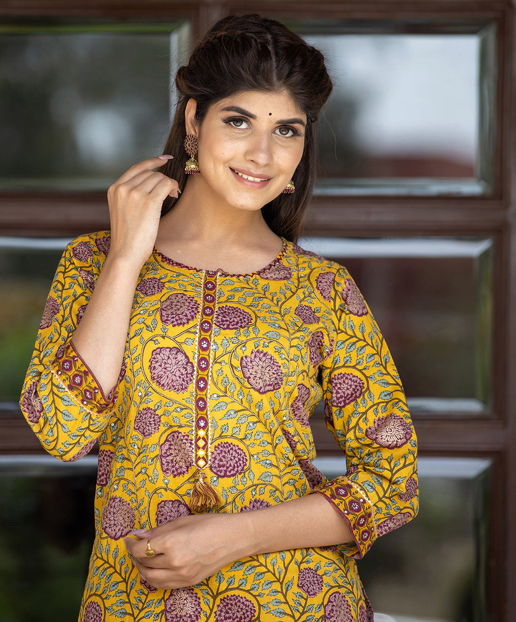Kaajh Women's Yellow Purple Cotton Kurta Pant Set - Distacart