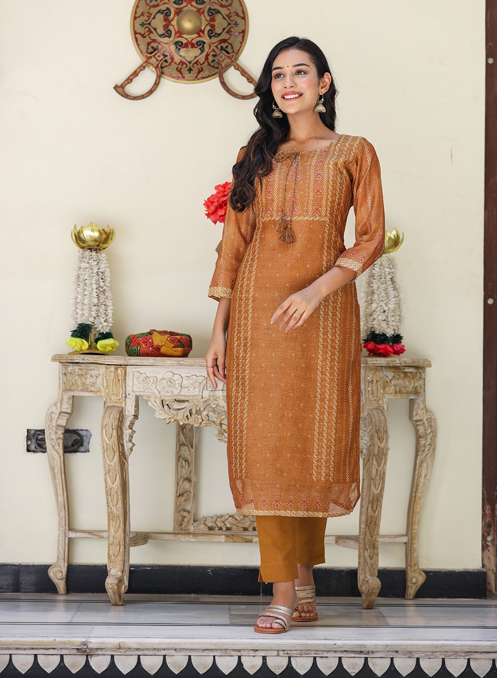 Kaajh Women's Mustard Yellow Chanderi Kurta Set With Trouser And Dupatta - Distacart