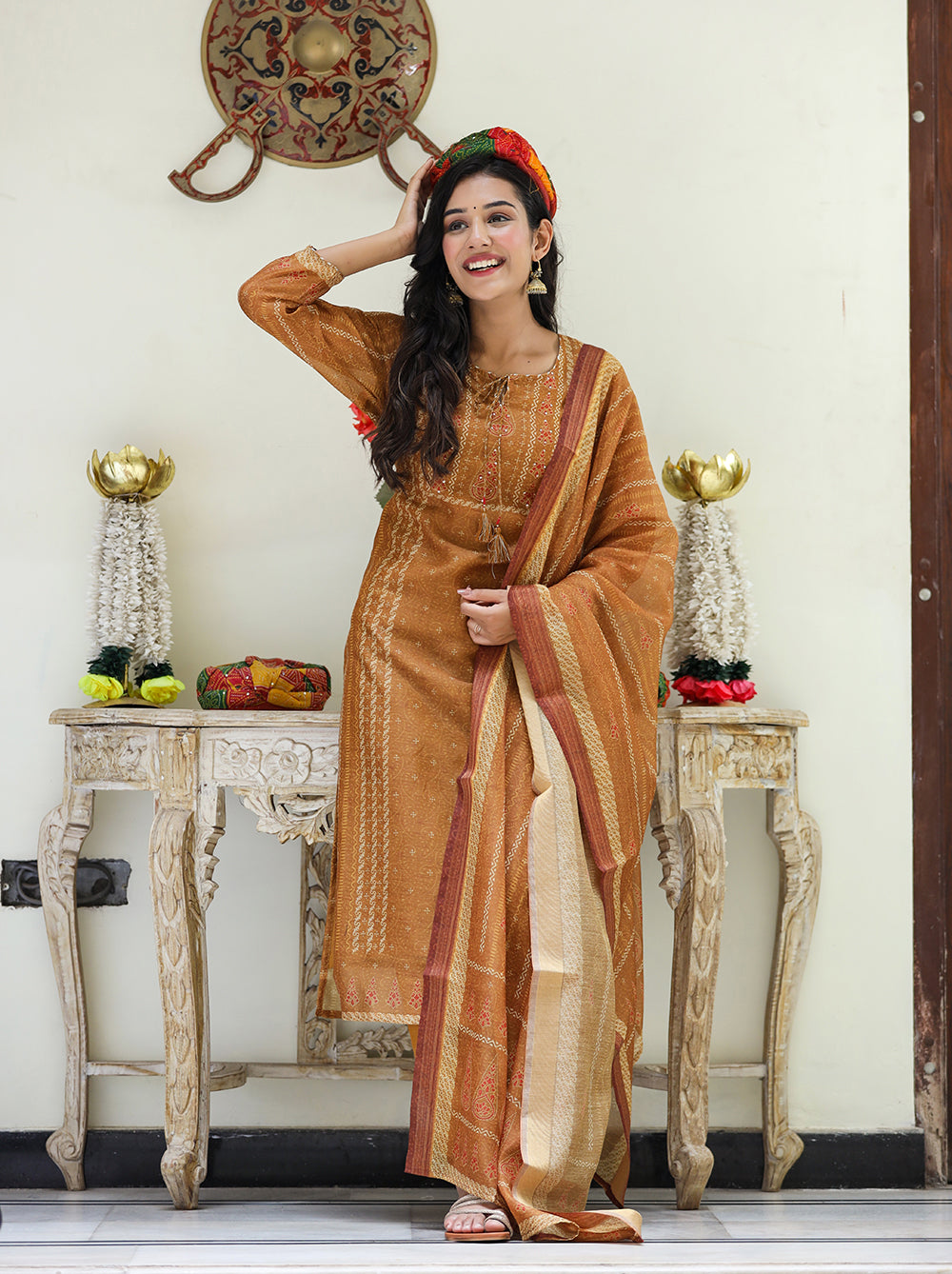 Kaajh Women's Mustard Yellow Chanderi Kurta Set With Trouser And Dupatta - Distacart
